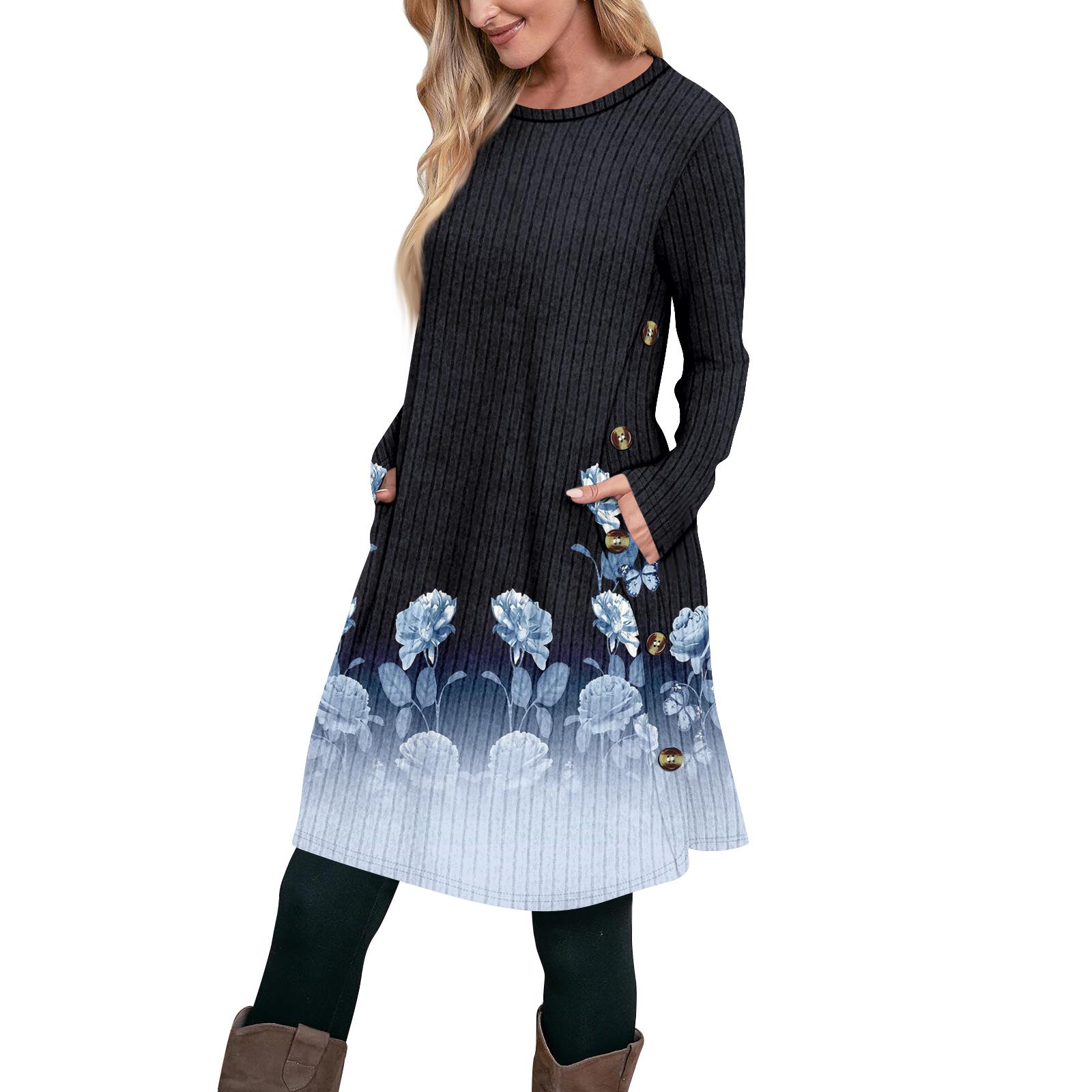 

Женское модное повседневное платье-туника с длинным рукавом и карманами, платье с боковыми пуговицами XL синий