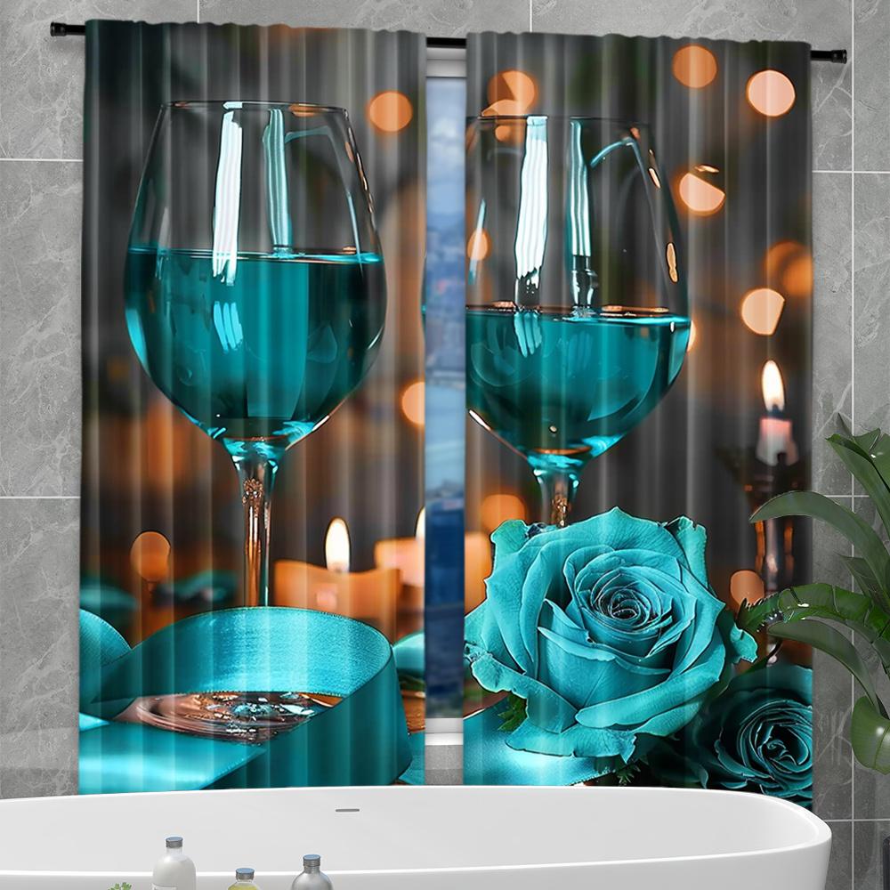 2pcs   Romantic Blue Rose And Kitchen Curtain for Home Decor   Rod Pocket Window Treatment   for Bedroom   Office   Kitchen   Living