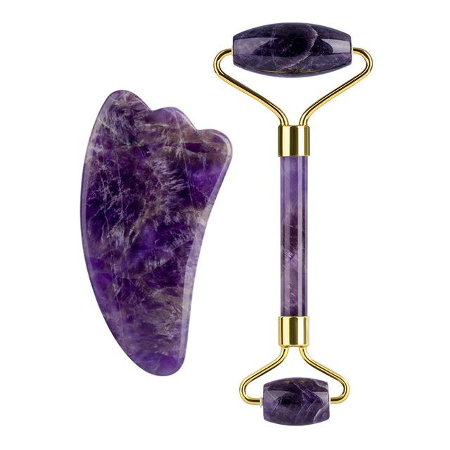 Natural Amethyst RollerJade Set Real Jade Gouache Scraper Jade Massager Gua Sha Board Facial Massager Face Horn Massages Roller
