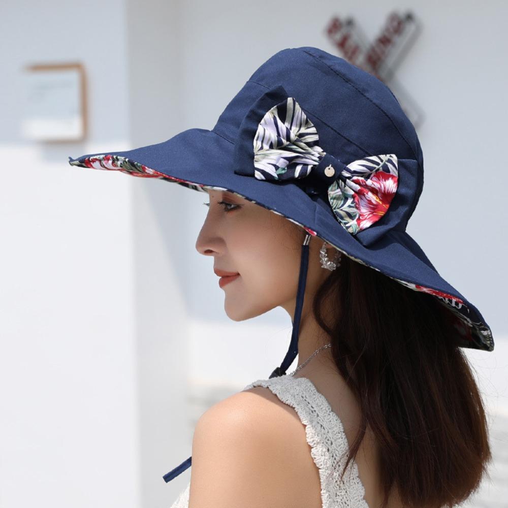Bowknot Floral Collapsible Sunhat Double Side Wear Fisherman Hats Sun Protection Cap  Female