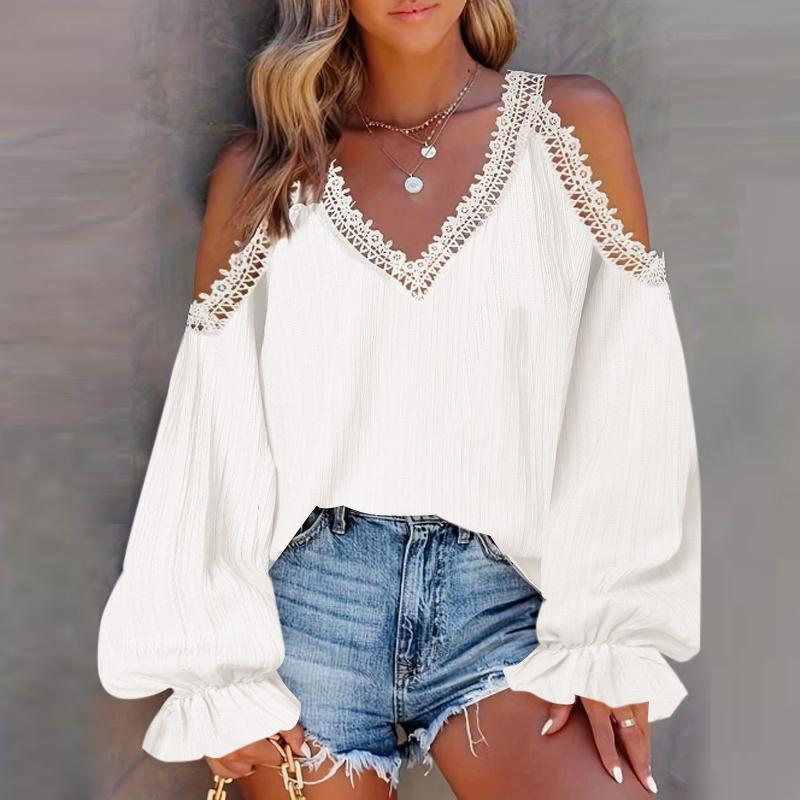 

VONDA Женские винтажные блузки-фонарики с V-образным вырезом и длинными рукавами, с открытыми плечами, кружевные блузки L белый