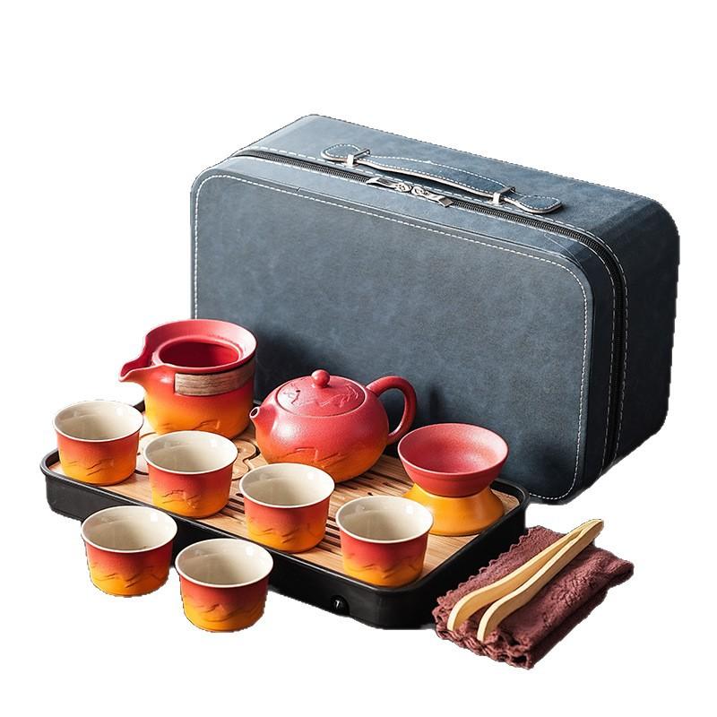 Keramisches Kung Fu Tee-Set Balkenkanne Gerechtigkeitsbecher Tragbares High-End Tee-Retro-Set Grobkeramik Farbverlauf Tee-Set