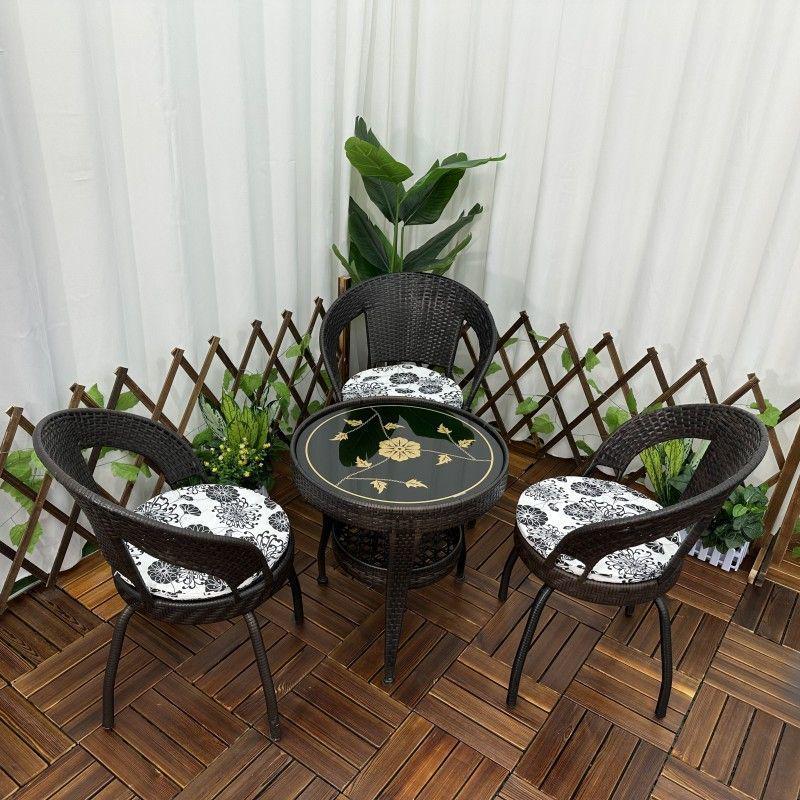 Three-Piece Chinese Style Rattan Table and Chair Set - Indoor Balcony Swivel Chair, Durable Round Five-Piece Swivel Design