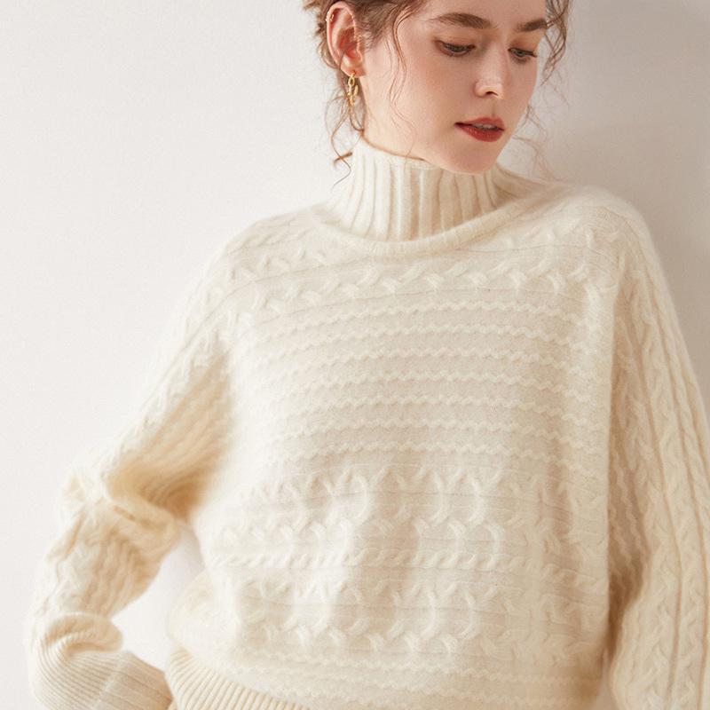Women's Retro High-Neck Cable Knit Cashmere Sweater, Loose-Fit, Light Color, Pullover Style