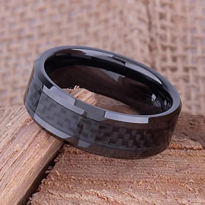 Fashion Men Stainless Steel Rings Inlaid Black Carbon Fiber Rings for Men Women Wedding Engagement Party Jewelry Gifts