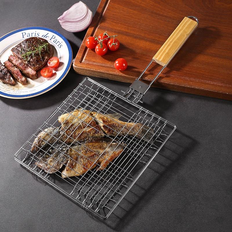 Stainless Steel BBQ Grilling Basket Nonstick Foldable BBQ Grill With Wooden Handle Meat Fish Clip Holder BBQ Accessories