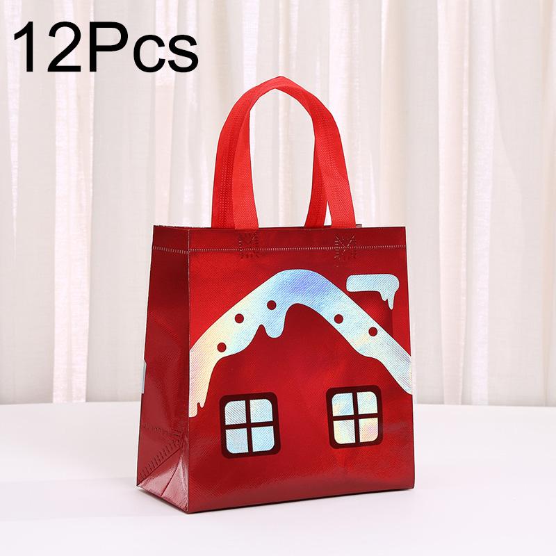 6/12PCS Non-woven Waterproof Retail Bags Red Gift Tote Bag Reusable Santa Claus & House Merry Christmas Mall Shopping Bags