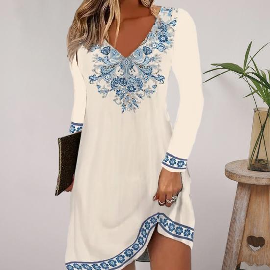 

Винтажный узор Принт Вечеринка Платье Женское V-образный вырез с длинным рукавом Свободный Офисный Женский Летний Повседневное Платье Уличная Одежда