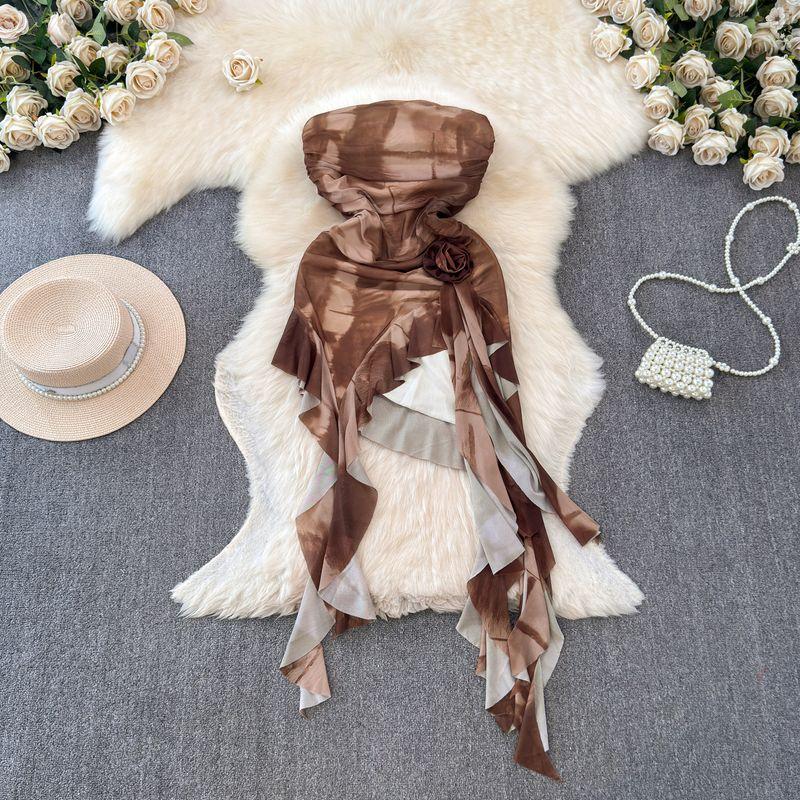 

Fashion Sweet Cool Sexy Style Sexy Dress Women s Stylish Ruffles Short Irregular Skirt Tube Top Dress Brown One size