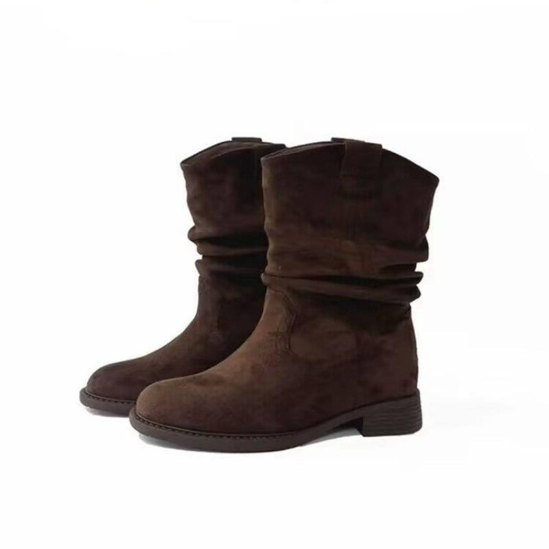 Fashion Suede Sleeve Stack Boots Autumn New Round Toe Pleated Soft Sole Non-slip Block Heel Short Boots