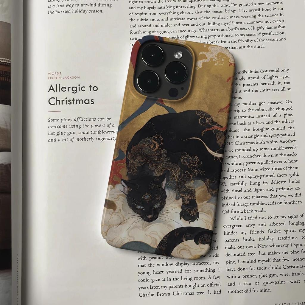 Černá kočka v orientálním stylu s ozdobnými vzory Starověké zvíře Pouzdro na telefon pro iPhone 17 16 15 14 11 12 13 Pro Max Plus Zadní kryt