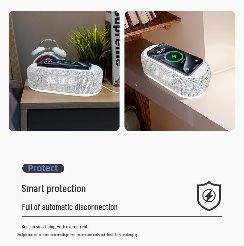 Multifunktionaler Bluetooth-Lautsprecher mit Wecker, kabellosem Ladegerät & Nachtlicht
