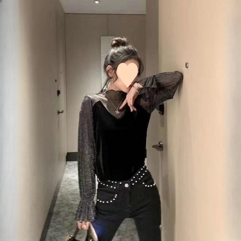Velvet Top Women Spring Autumn Blouse Lace Glitter Thread Mesh Base Layer Shirt