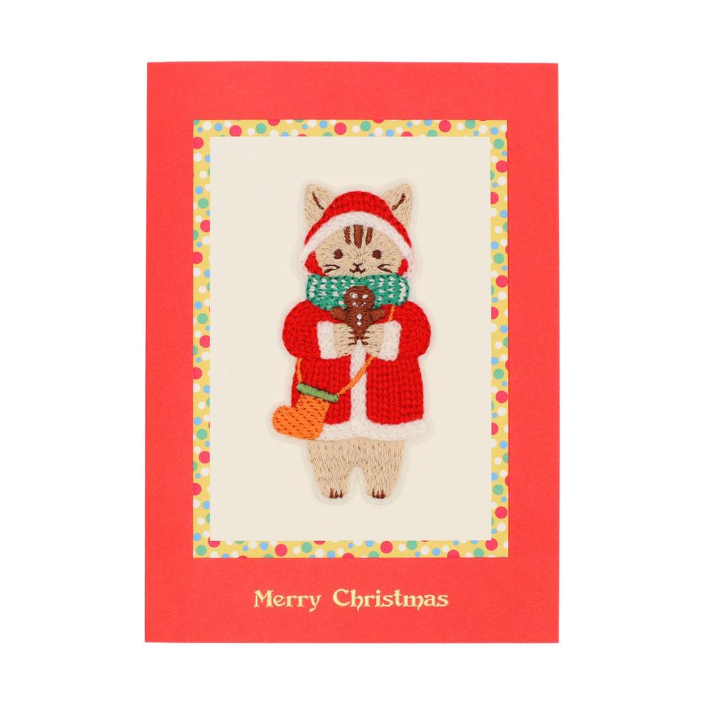 Embroidered Christmas Card with Cat in Red Coat Leaf Work Company Card with 3D Message Stylish Celebration Greeting Card for Handmade Gold Luxury