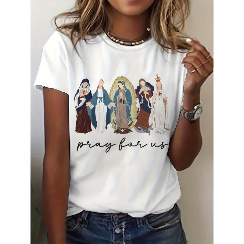 

European Size 1pc Women S Faith-Inspired Virgin Mary Pray for Us Graphic Print T-Shirt, Casual Crew Neck Short Sleeve Top, Polyester Knit Fabric 4XL