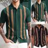 Men Shirt Contrast Color Single-breasted Short Sleeve Stripe Print Knitted Summer Tops