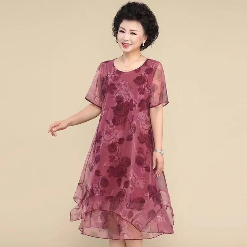 Summer Vintage Print Long Dress for Women Plus Size Short Sleeve Summer Casual Dress Female