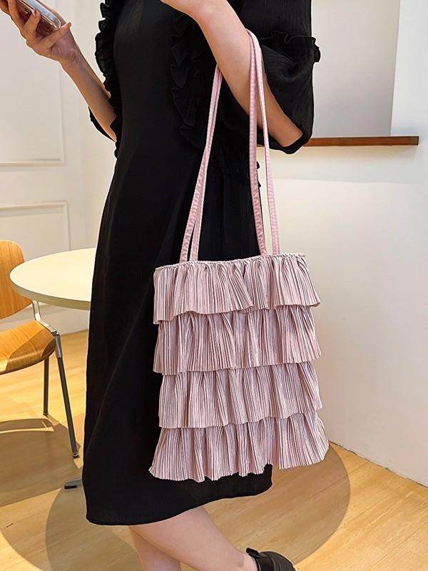 Polyester Wrinkled Tote Bag With Floral Embellishments For Daily Casual Wear