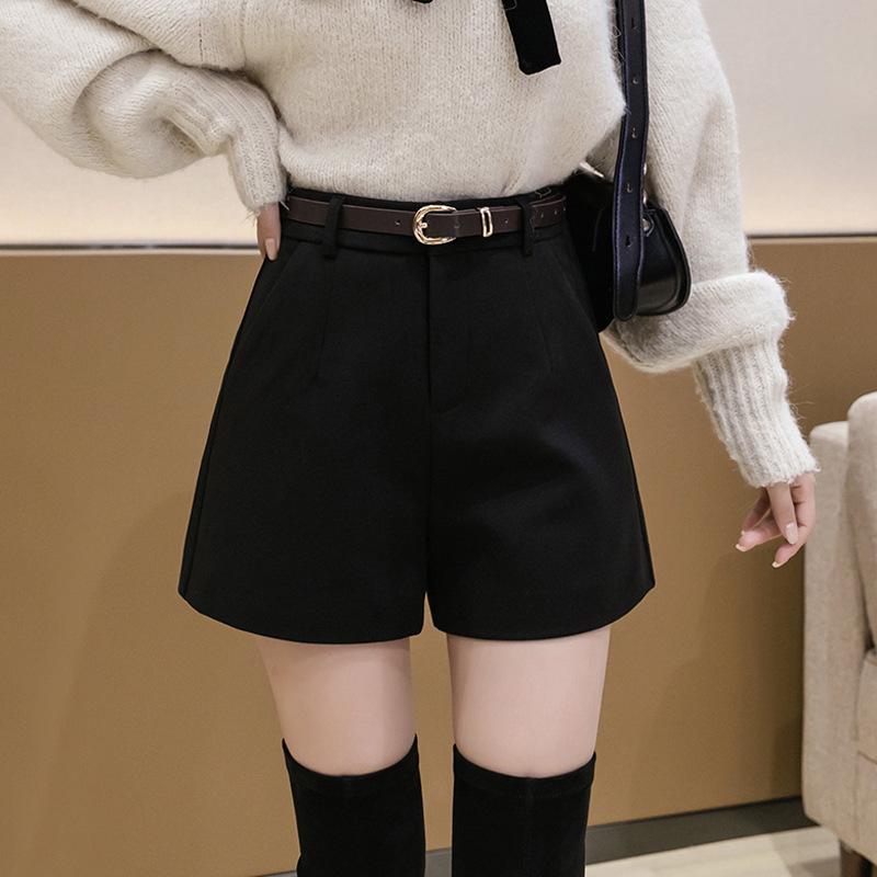 2024 Women s Black Wool Blend High-Waisted Wide-Leg Pants - Autumn/Winter Trendy Bootcut for Petite XS чёрный
