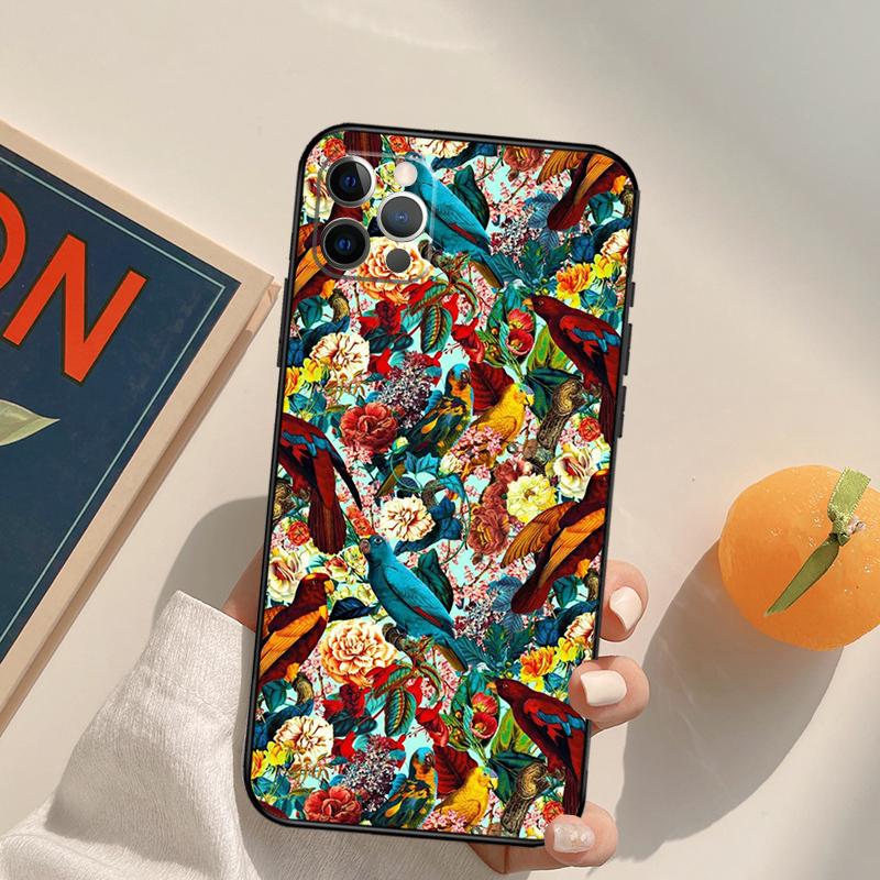 Garden Birds Vintage Tropical FLORAL Cover Case For iPhone 16 15 14 13 12 11 Pro Max XS XR X 12 13 Mini 16 15 Plus Fundas