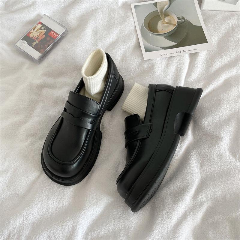 Spring New Wear-Resistant Platform Loafers Women's Slip-on Retro Spring and Autumn British Style Muffin Bottom Leather Shoes