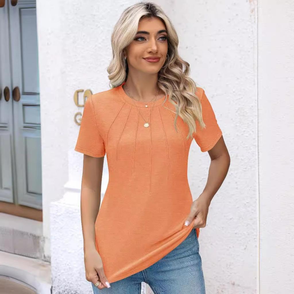Damen gerafftes Rundhals-Kurzarm-T-Shirt Top, Beliebte lässige Mode-T-Shirts für Damen, Grenzüberschreitende Damenbekleidung für Europa und Amerika