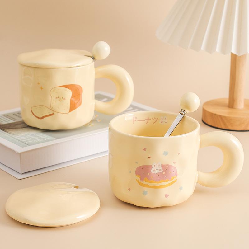 Milk fufu cute ceramic cup girl high value mug with lid spoon dormitory couple office coffee cup