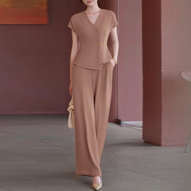 ZANZEA Kadın Kısa Kollu Bluz ve Pantolon Günlük İki Parça Takım Setleri