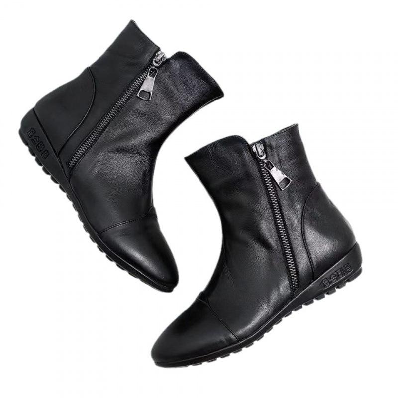 Autumn and winter flat-soled short boots women's boots soft-soled soft-faced side zipper medium mother shoes cotton boots velvet