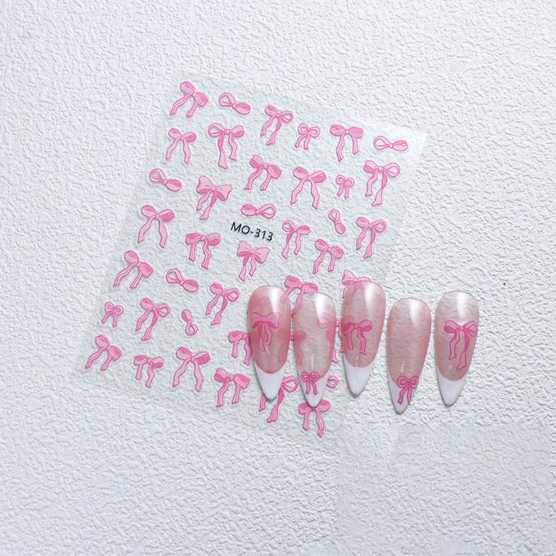 Nail Sticker Ribbon Bow White 3D Thin Diy Nail Art Decals Decoration Pink Bow Pattern Manicure Self Adhesive Nail Decals