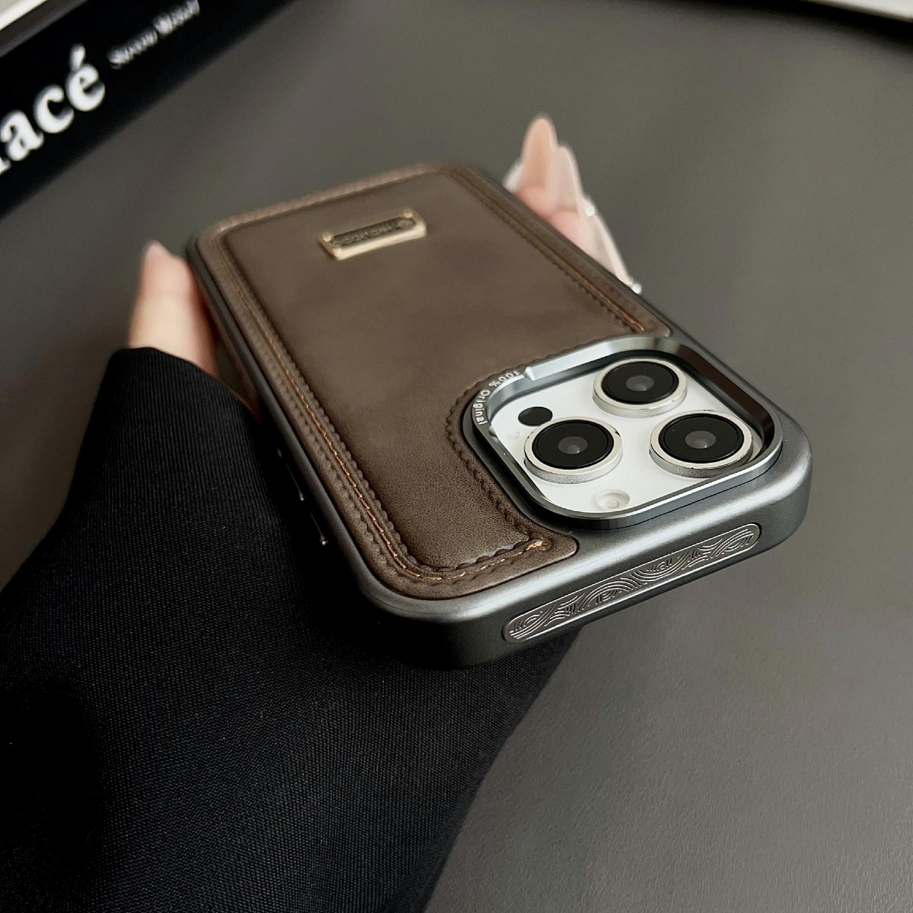 

For iPhone 16 Pro Max Case PC+PU Leather Shockproof Phone Back Cover Brown