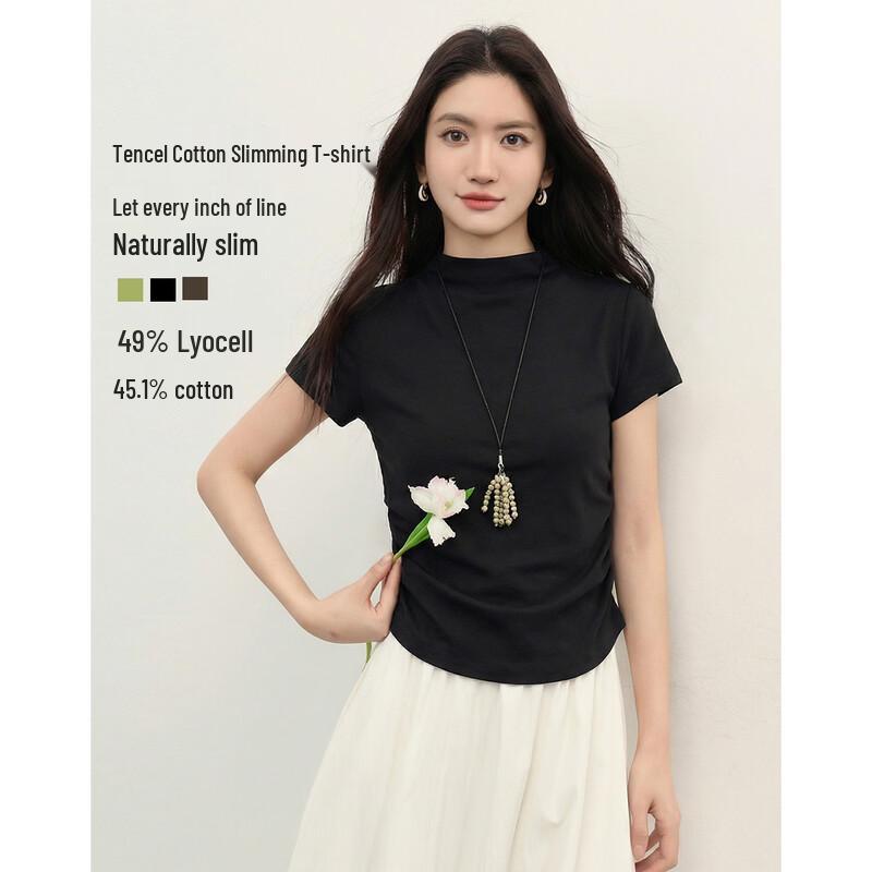 

Women s Tencel Cotton Slim-Fit Semi-High Collar Short Sleeve T-Shirt L