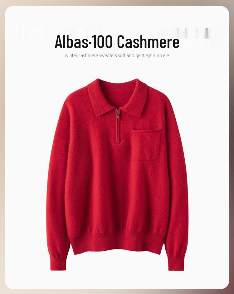 Women's Polo Neck Half-Zip Cashmere Sweater - Light, Elegant, Long Sleeve Pullover for Autumn/Winter.