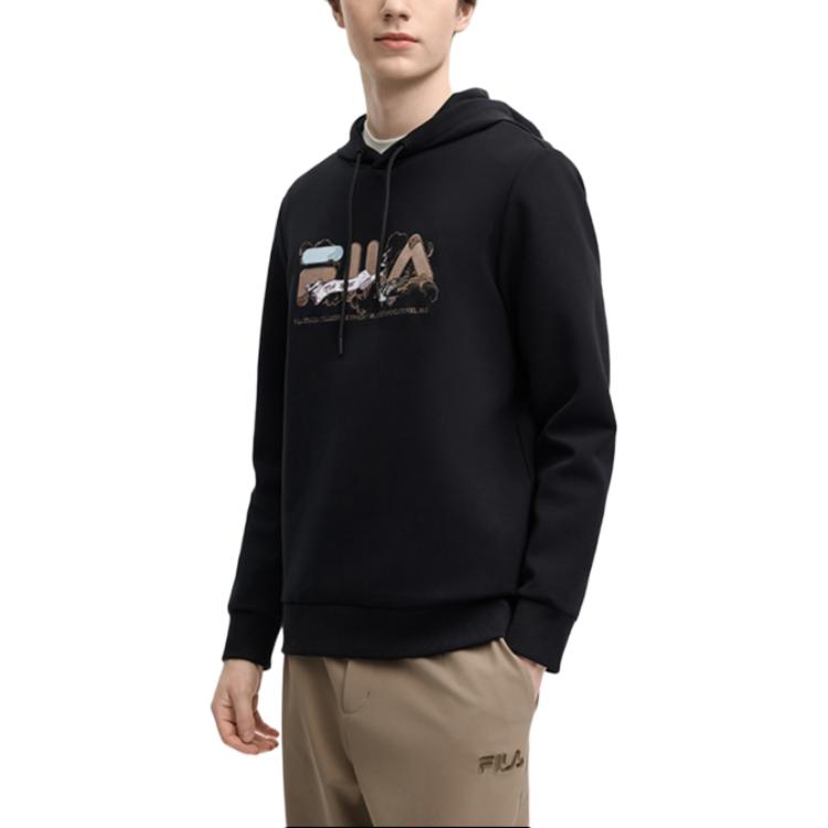 FILA Heritage Series Letter Print Cloud Riding Knit Hoodie Men hoodies Black F11M518212F-BK