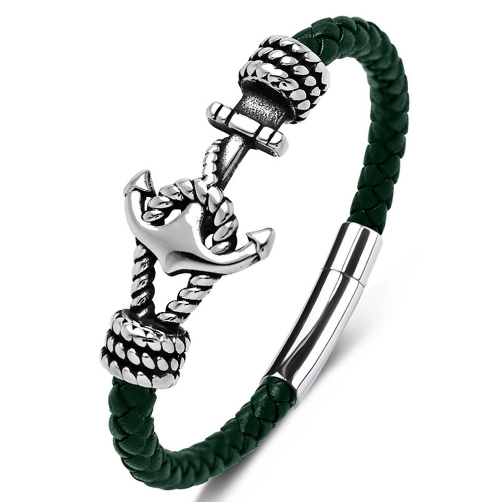 Classic Men s Black Stainless Steel Silver Plated Wrap Bracelet Genuine Leather Bangles Anchor Design Punk Geometric Fashion leather bracelet&Inner 165mm