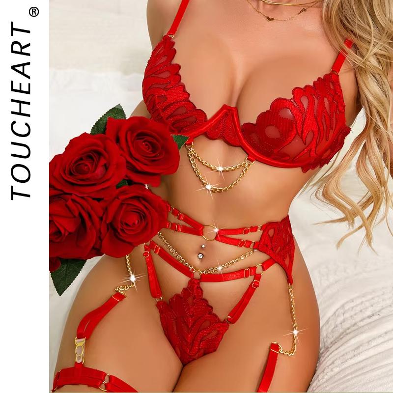 Toucheart 4 Piece Set Ladies Bra And Panty Lingerie Set Metal Chain Women Sexy Underwear Corset Fancy Party Nightwear Intimate Apparel