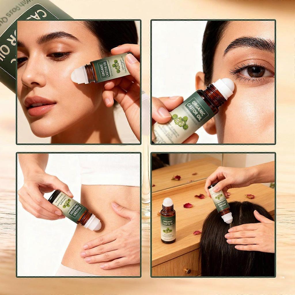 100% Organic Cold-Pressed Castor Oil Roll-On, with Rose Quartz Roller for Hair, Lash & Brow Growth, 50ml
