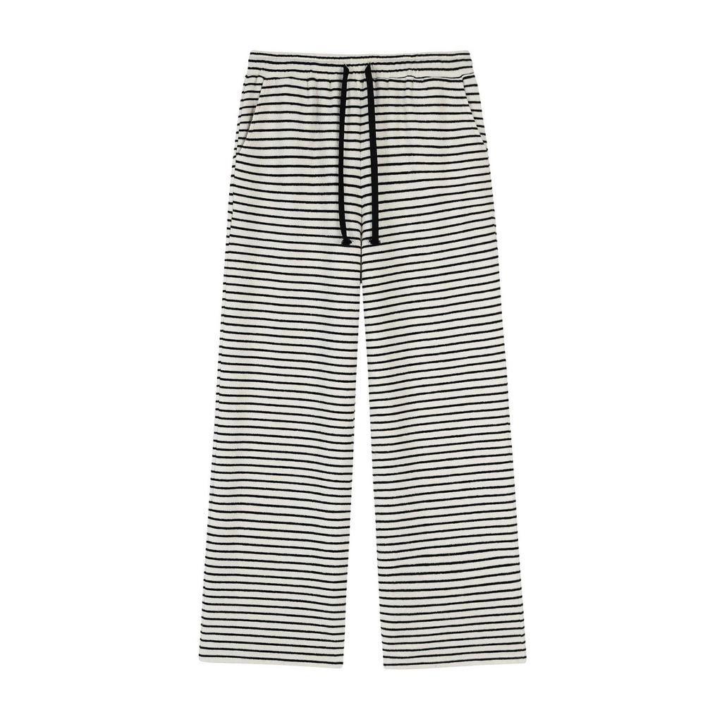 Women's High Waist Striped Terry Cloth Wide Leg Pants - Plus Size, Spring Slimming Draping, Style 63158