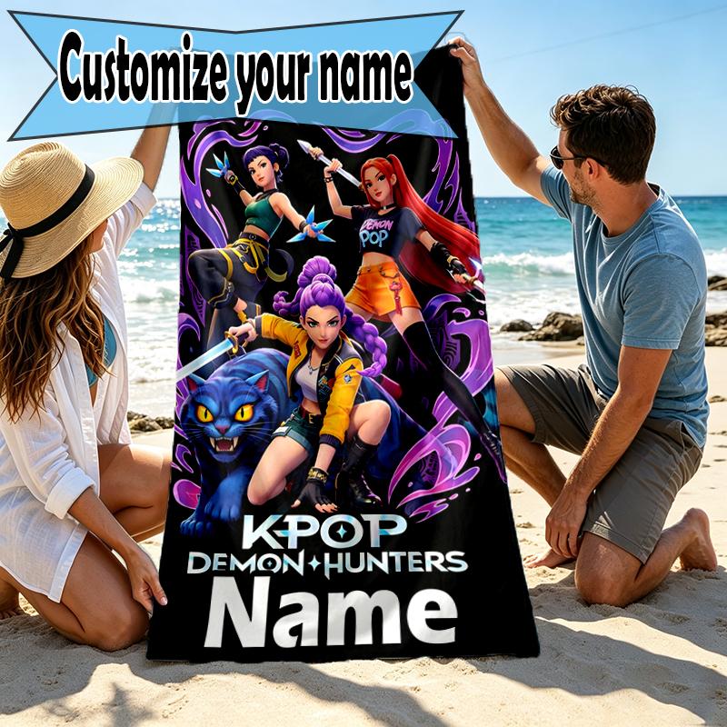 Custom Name Personalized KPop Demon Hunters Print Beach Towel, for Trip Camping Beach Party Home Decor, Birthday Gift for Family & Friends