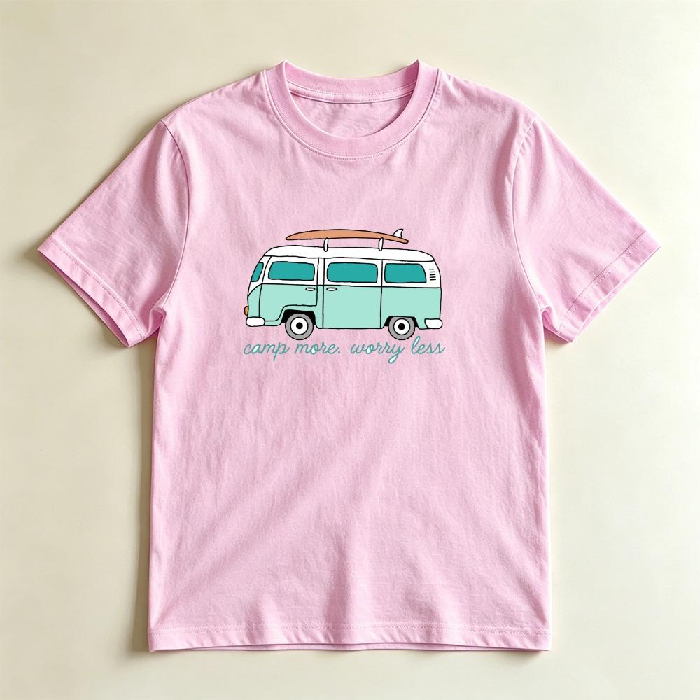 Camp More Worry Less Retro Surf Van Lässiges Grafik-T-Shirt Strand Camping Liebhaber Geschenk T-Shirt Sommer-Vibe Abenteuer Lässiges Hemd