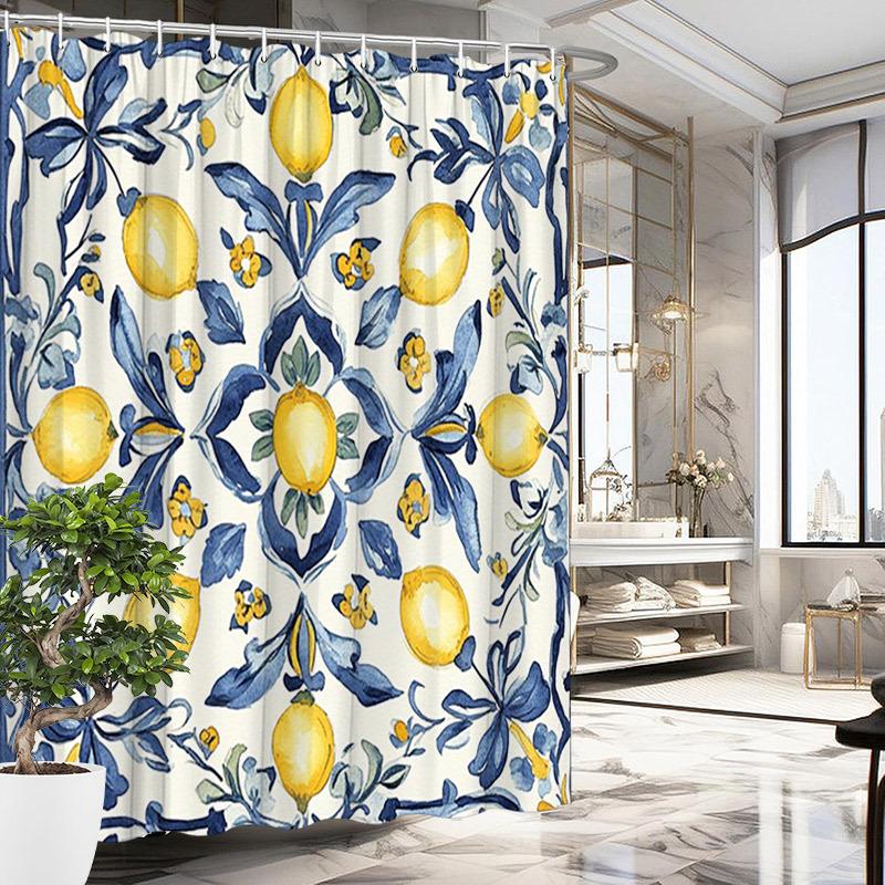 1 ks Sprchový závěs Citron & Modré listí - Středomořská akvarelová malba, Krémové pozadí, 70,8x70,8", Polyester, Snadno se čistí
