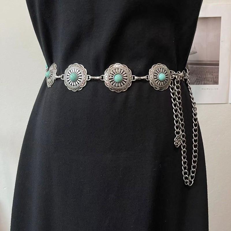 Boho Style Imitation Turquoise Carved Waist Chain for Women Versatile Retro Dress Decorative Metal Ethnic Waist Belt