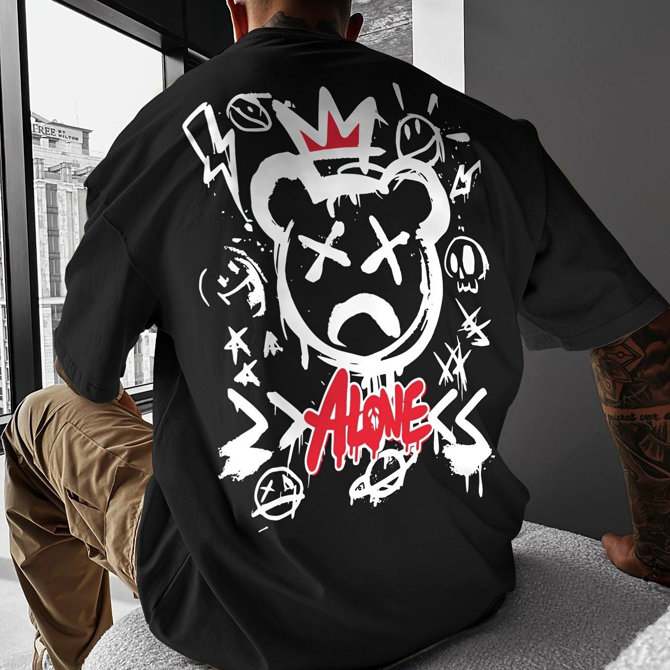 

Lonely Men s Street Style Pattern T-Shirt Cartoon Bear and Lonely Print Loose Crew Neck Summer Casual Short Sleeve S