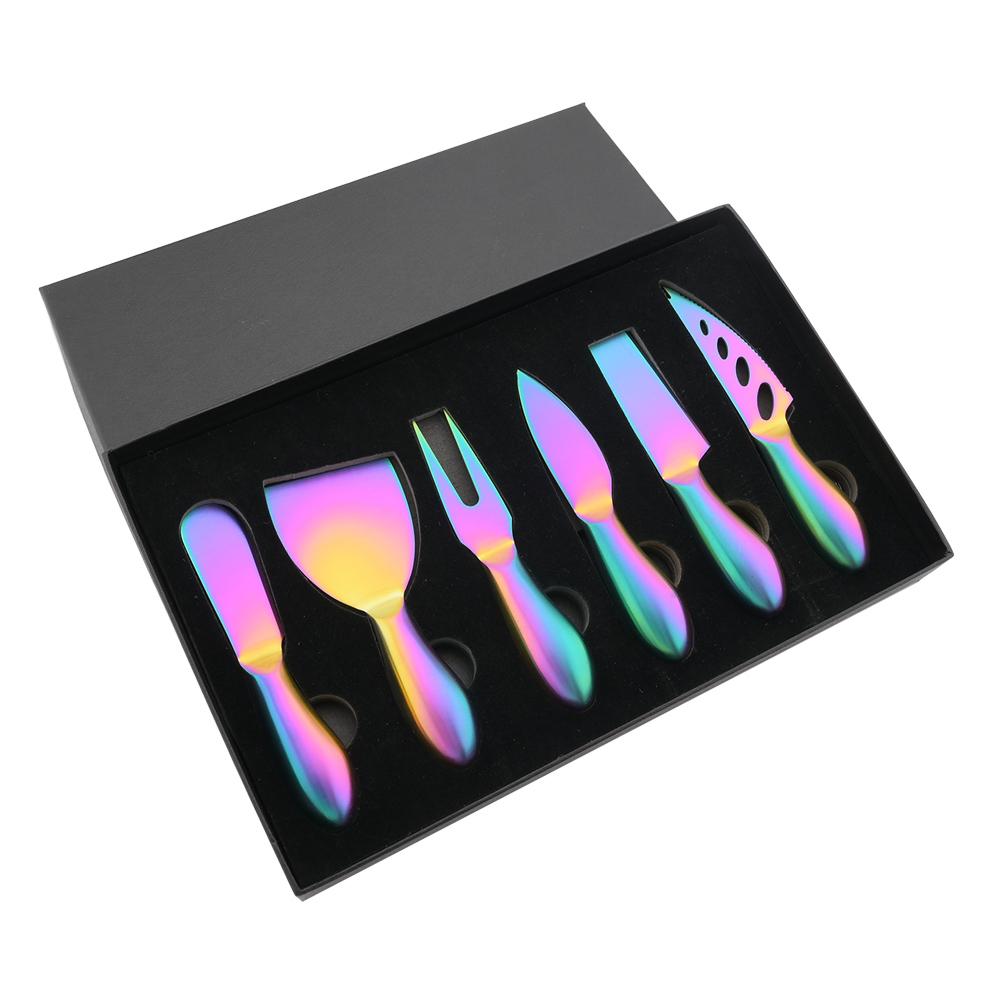 Rainbow 7Pcs Cheese Knife Set Stainless Steel Butter Spreader Cheese Cutter Slicer Fork Kitchen Useful Breakfast Cooking Tools