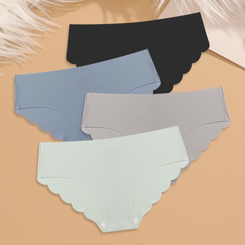 4Pcs Ice Silk Wavy Waist Underwear Women's Seamless Panties Sexy Comfy Solid Briefs Girls Ultra Thin Invisible Lingerie