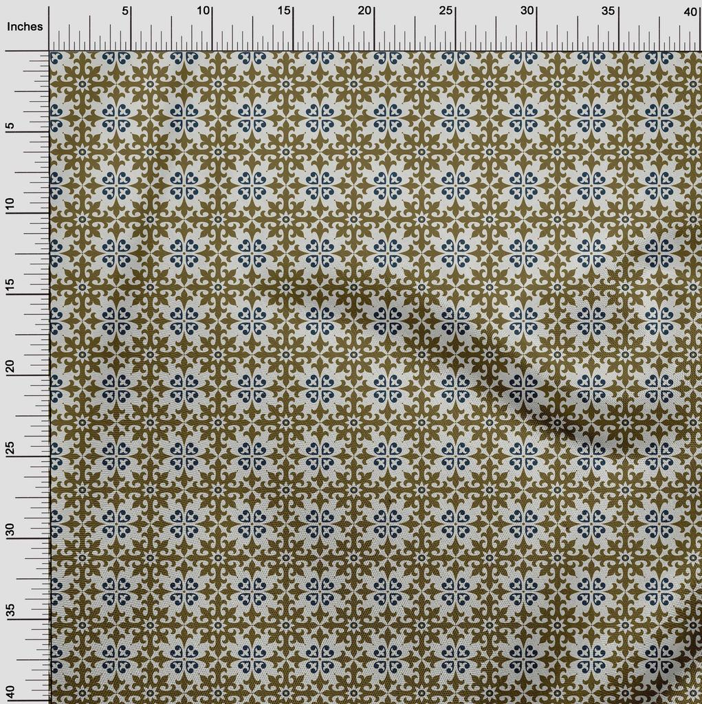 oneOone Cotton Flex Dark Olive Green Fabric Floral & Tiles Moroccan Fabric For Sewing Printed Craft Fabric By The Meter 40 Inch