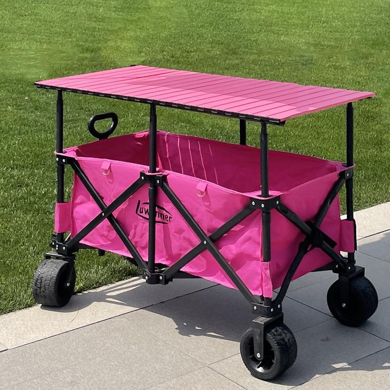 Adjustable Folding Handcart with Umbrella, Elevated Canopy & Table Top for Street Stalls or Camping.