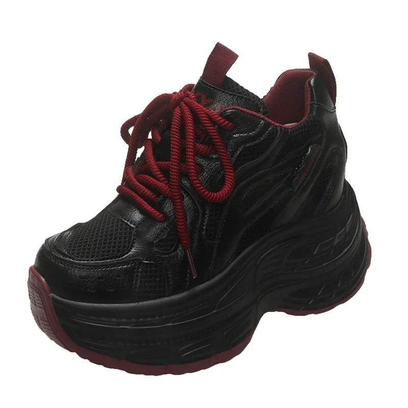 

8,5 см женские осенние дышащие кроссовки на толстой подошве со шнуровкой на платформе, спортивная обувь, женские туфли на толстом каблуке, женские кроссовки на танкетке 34 чёрный