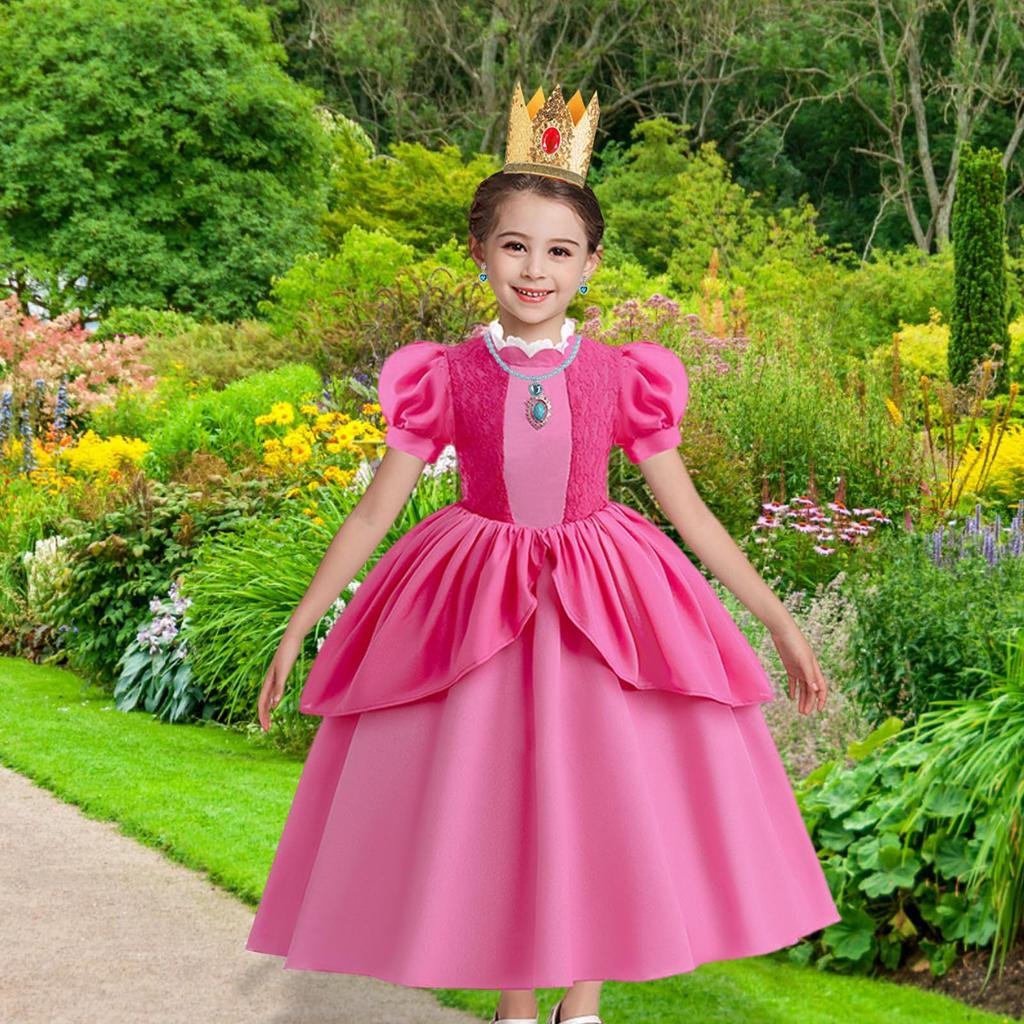Formemory Princess Peach Dress, Kids' Princess Cosplay Dress, Princess Outfit, Costume, Recital Dress, Kids Dress, Crown, Gloves, Magic Wand,