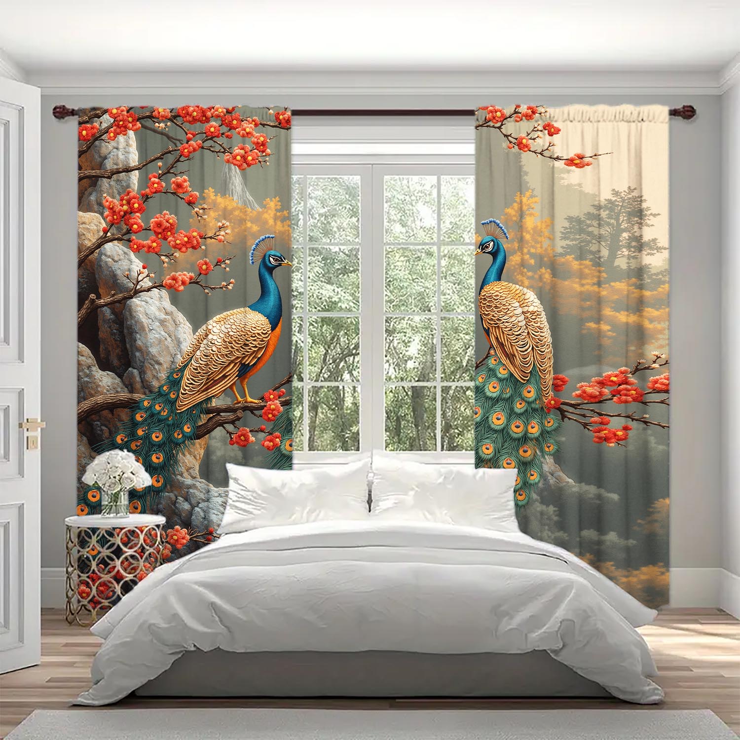 

Precious Blue Gold Peacock Printed Curtains Shade Privacy Protection Suitable Decorating Various Rooms Set Of 2 Made Polyester W100*H70(CM)-Hooks&2PCS
